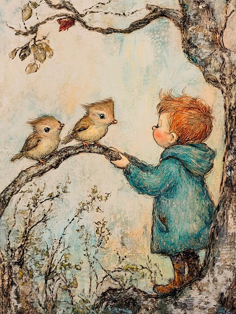 Free whimsical scene child with birds nature interaction illustration