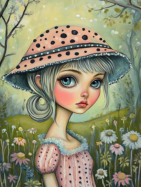 Free whimsical illustration young girl large blue eyes illustration