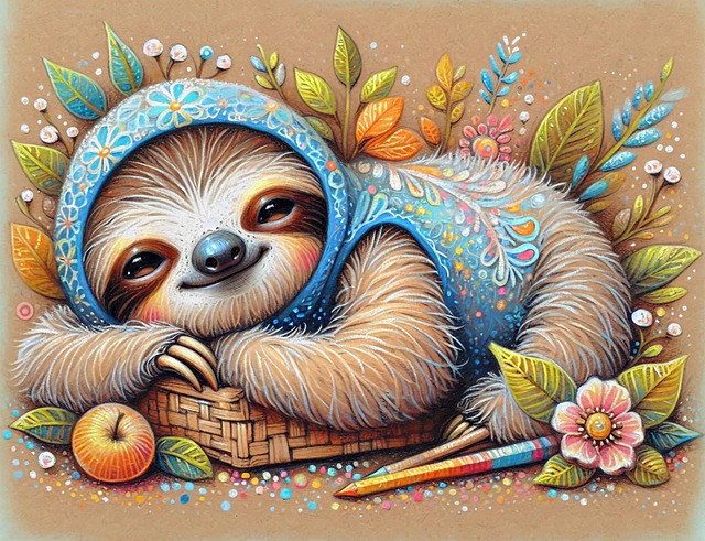 Free cute sloth resting in a basket colorful hood illustration