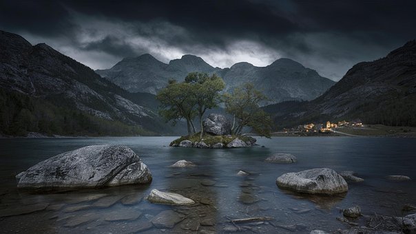 Ai Generiert, Berge, See, Bäume, Wasser
