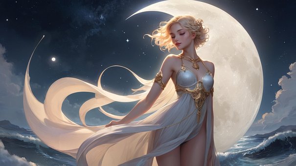 Ai Gerado, Mulher, Lua, Fantasia, Loira