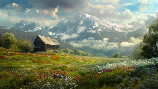 Free ai generated meadow cottage illustration