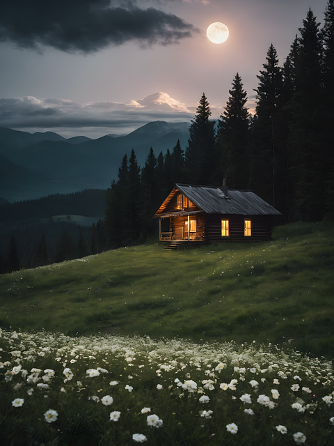 Cabine, Log, Bloemen, Bomen, Volle Maan