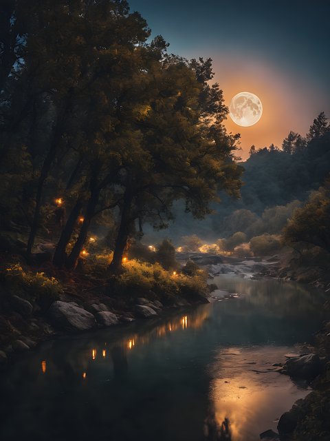 Free river nature full moon illustration