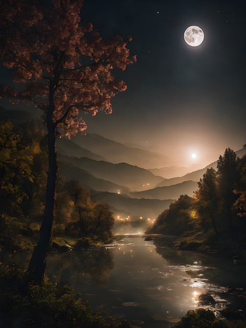 Bomen, Volle Maan, Woud, Vallei, Nacht
