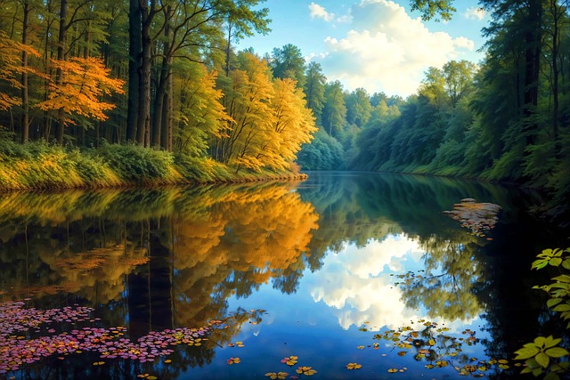 Bosque, Estanque, Lago, Otoño