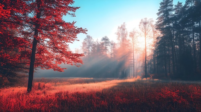 Free ai generated red trees foggy meadow illustration