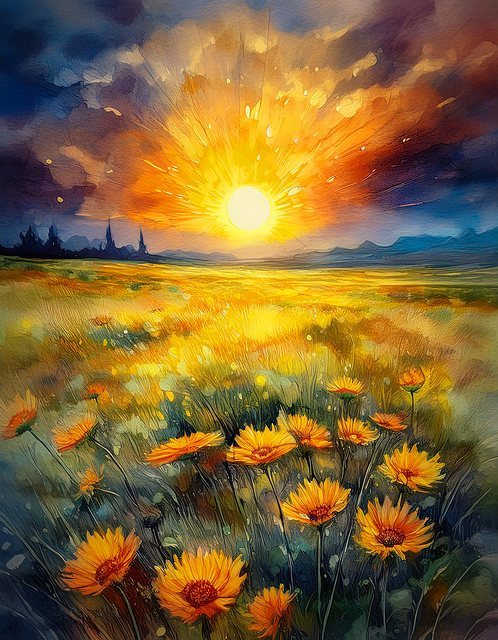 Free sunset field flowers illustration