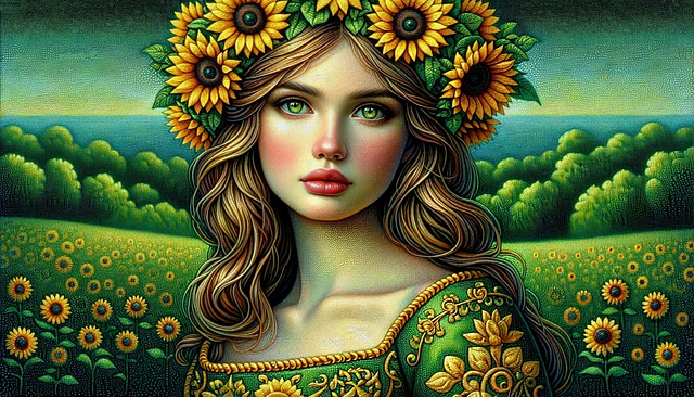 Free sunflower field young woman sunflower crown illustration