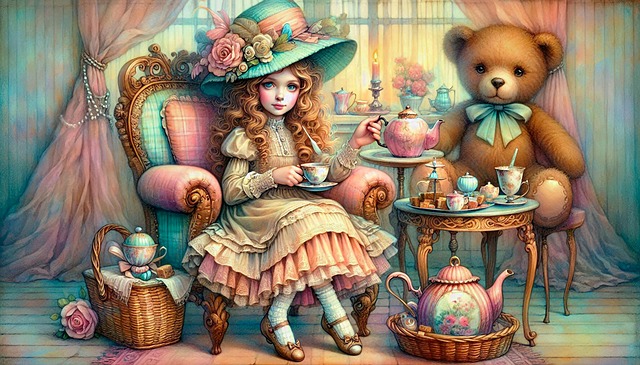 Free vintage tea party young girl teddy bear illustration