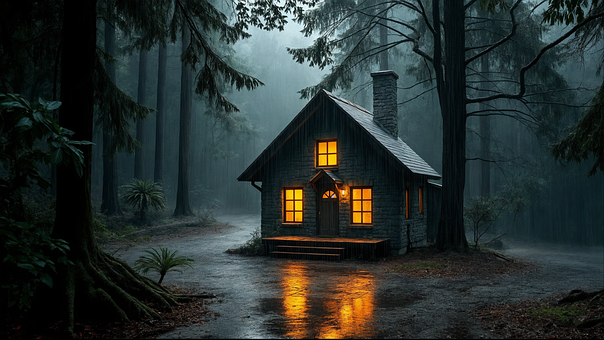 Ai Generiert, Haus, Nacht, Regen