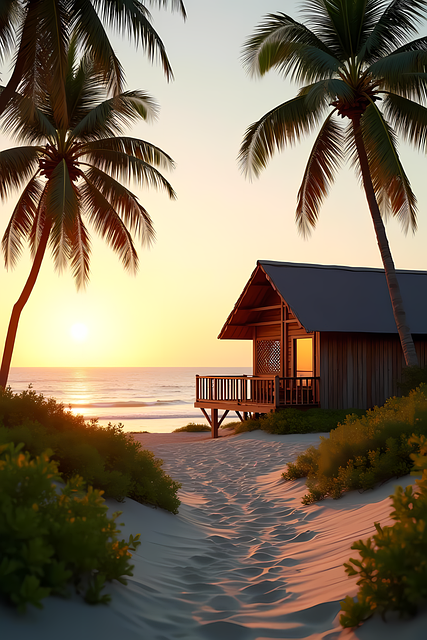 Strand, Bungalow, Solnedgang, Palmer
