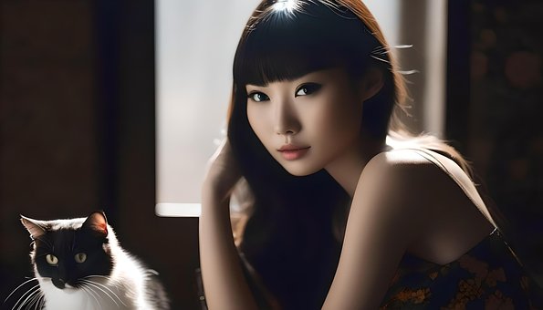 Asiatisch, Japanisch, Mädchen, Katze
