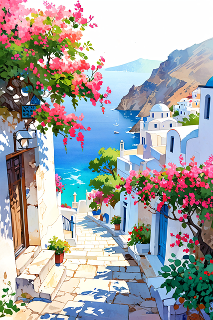 Download free HD stock image of Ai Generated Santorini Free ai generated santorini alley illustration