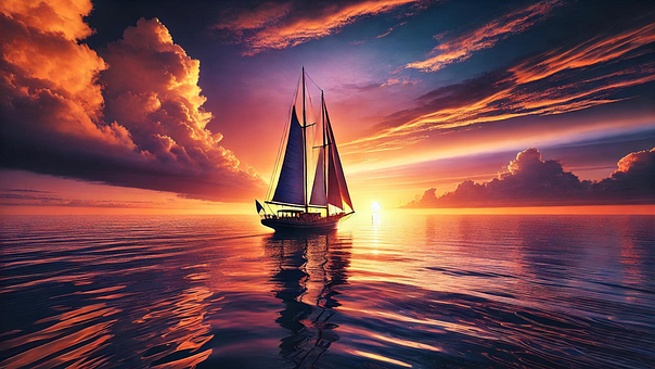 Solnedgang, Seilbåt, Seiling, Stille Hav