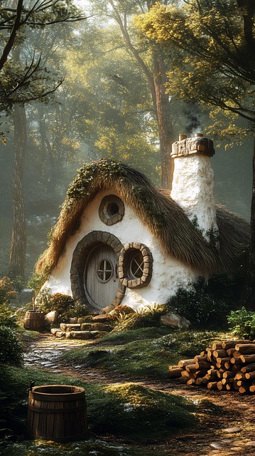 Free cozy thatched cottage nestled illustration