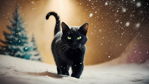 Kat, Sort, Feline, Sne, Vinter, Gå