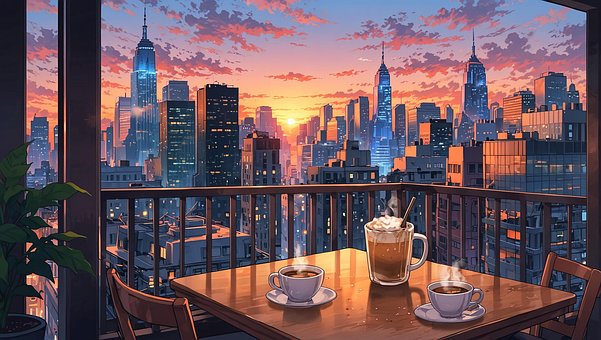 Cafe, By, Balkon, Farverig, Arkitektur