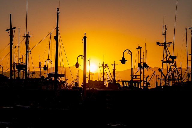 Solnedgang, Både, Marina, Silhuet, Skibe