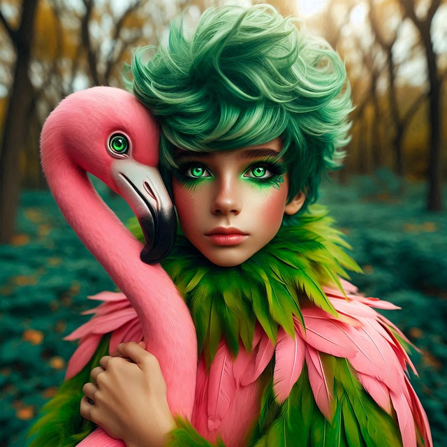 Free ai generated boy flamingo illustration