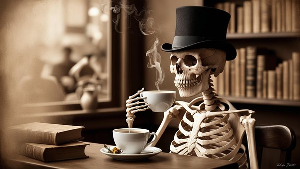 Skjelett, Halloween, Kaffe, Te, Årgang