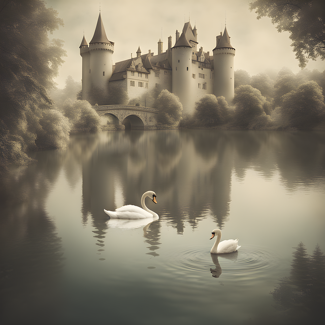 Ai Generado, Castillo, Lago, Cisnes