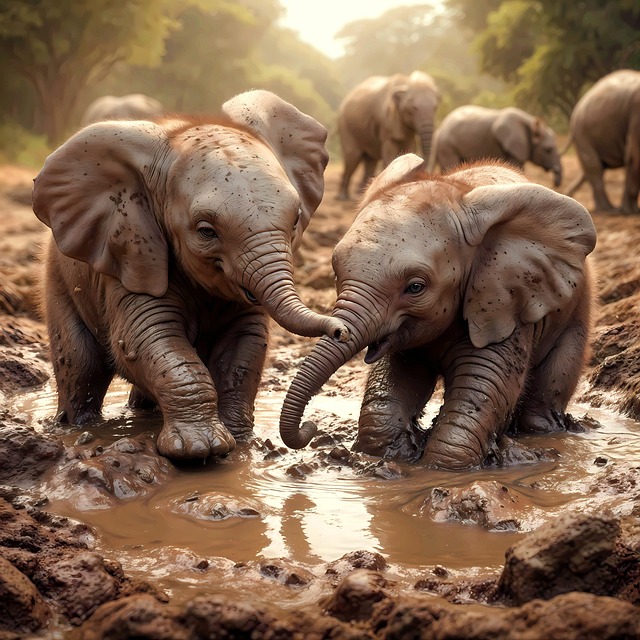 Free elephant baby elephant mud bath illustration