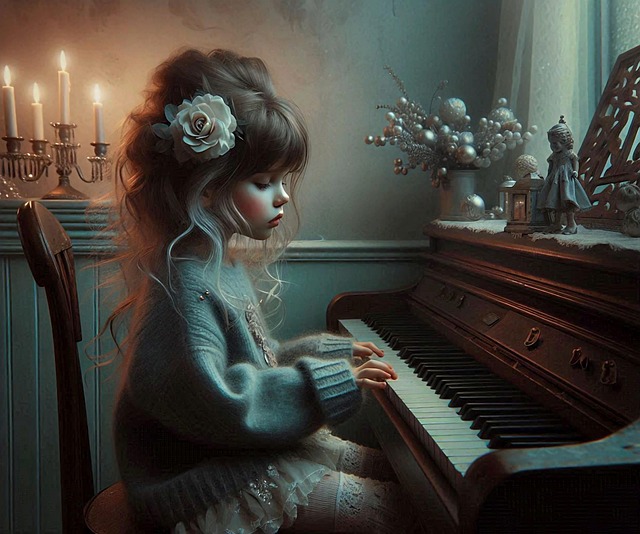Free ai generated young girl vintage piano illustration