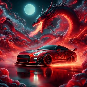 Wagen, Fahrzeug, Nacht, Rot, Drachen