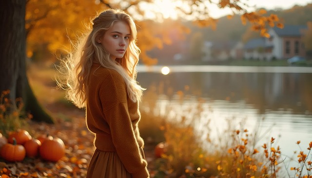 Ai Generiert, Frau, Herbst, Park, See