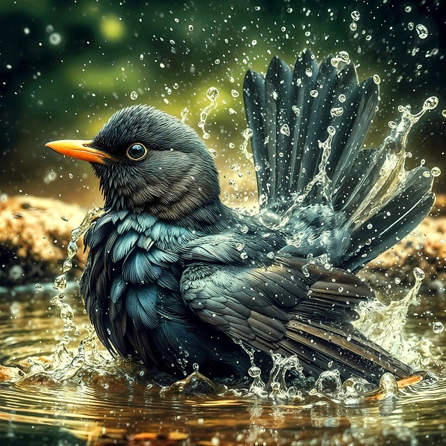 Free blackbird bird bath bird illustration
