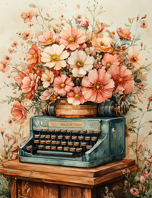 Free ai generated flowers typewriter illustration