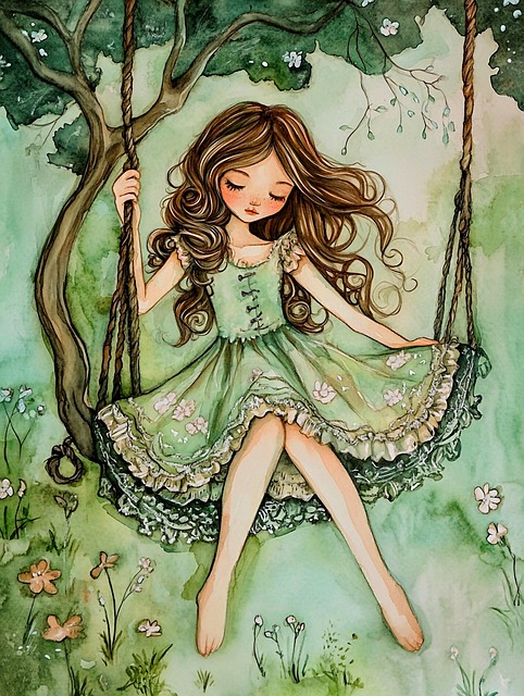 Free serene illustration young girl swing illustration