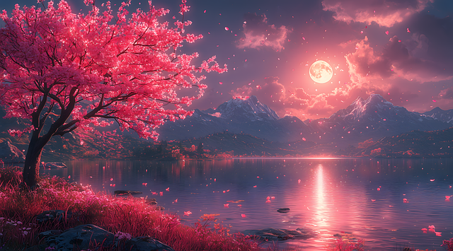 Ai Generiert, See, Mond, Roter Mond