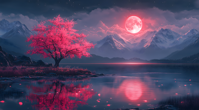 Ai Generiert, See, Mond, Roter Mond