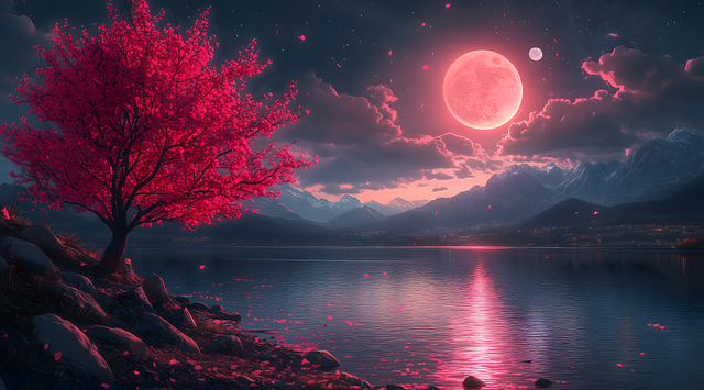 Ai Generiert, See, Mond, Roter Mond