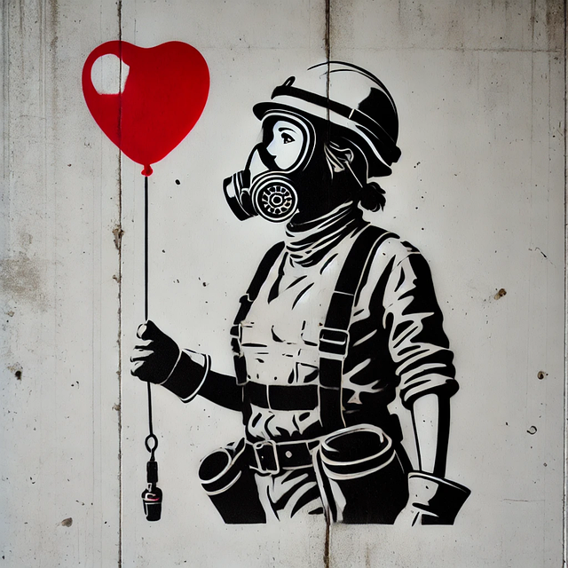 Free construction worker gas mask heart balloon illustration