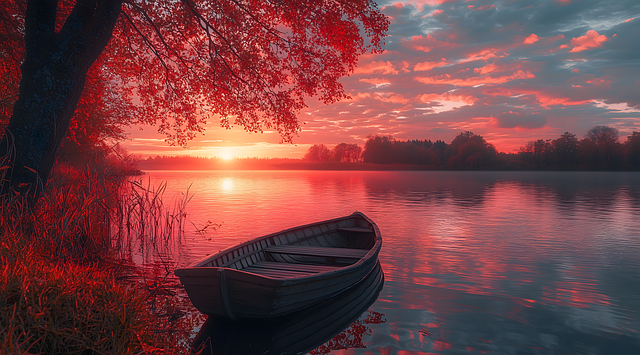 Ai Generiert, See, Boot, Baum, Rosa
