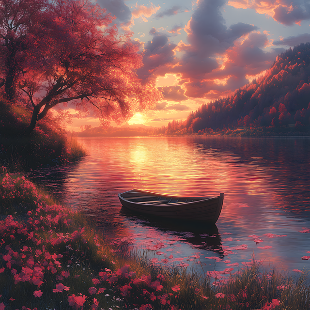 Ai Generiert, See, Boot, Baum, Rosa