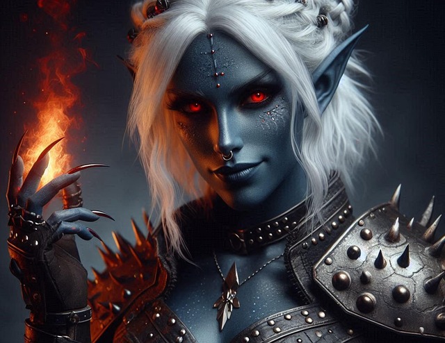Free fierce warrior blue skin fiery red eyes illustration