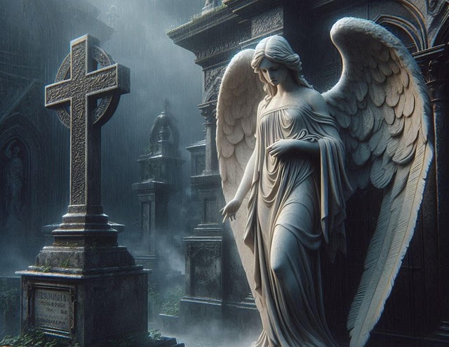 Free serene angel statue weathered cross misty cemetery illustration