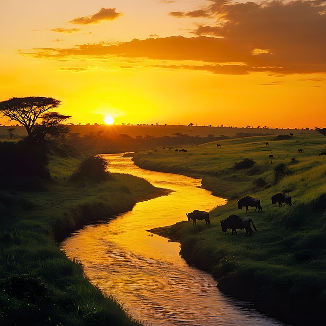 African Sunset, Dyreliv, Flod, Savanne