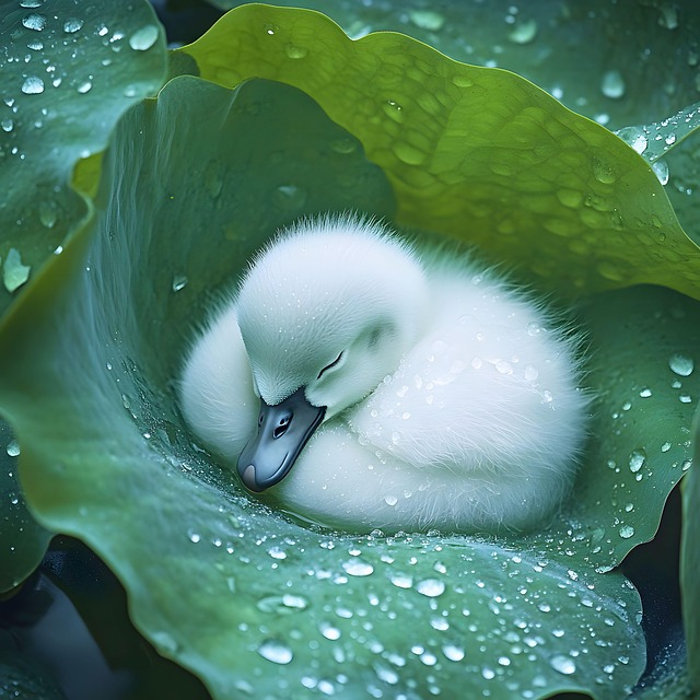 Cygnet, Baby Svane, Sover, Liljeblad