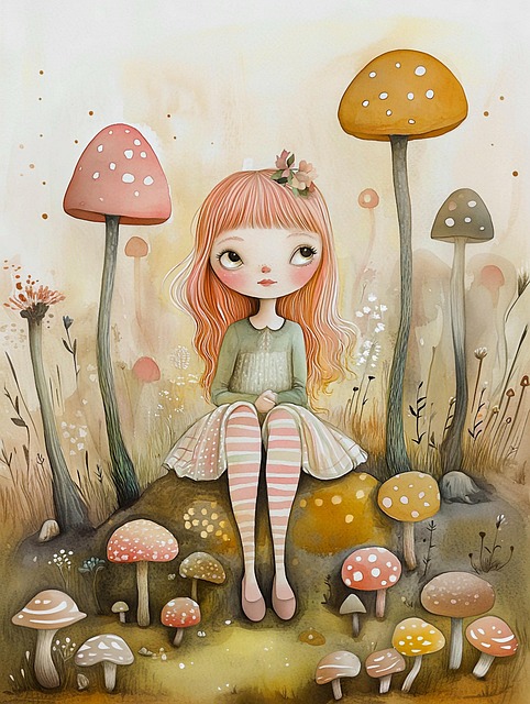 Free whimsical girl giant mushrooms fairytale scene illustration