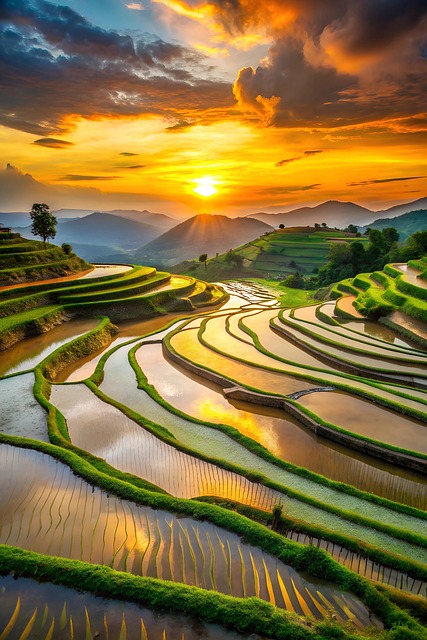 Download free HD stock image of Ai Generated Rice Terraces Free ai generated rice terraces sunset illustration