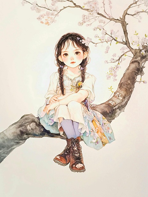 Free ai generated whimsical girl cherry blossoms illustration