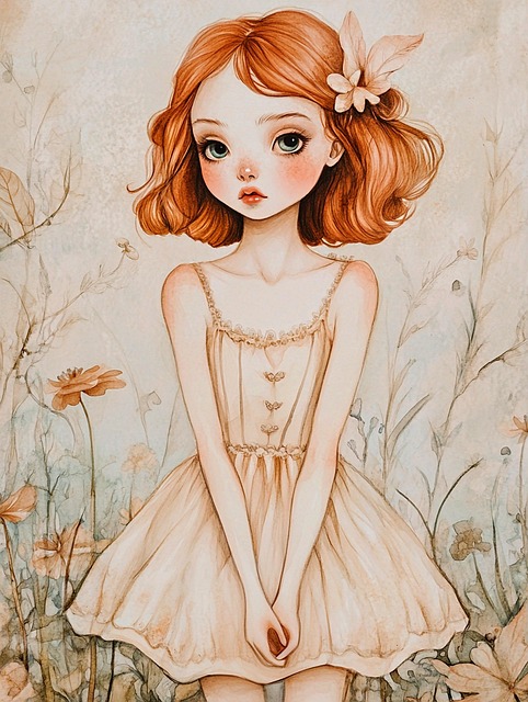 Free ai generated whimsical girl red hair illustration