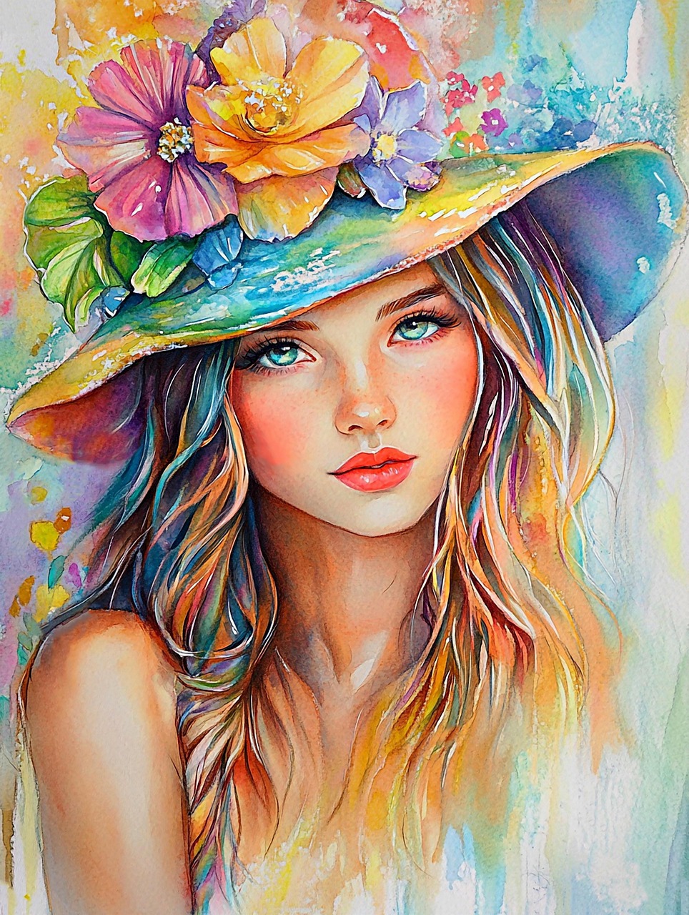Download free HD stock image of Ai Generated Colorful Portrait Free ai generated colorful portrait sun hat illustration