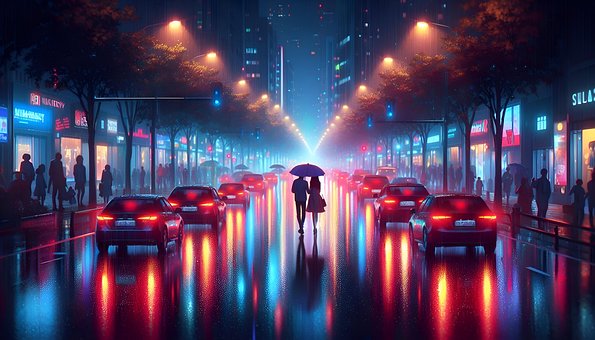 Casal, Noite, Carros, Luz, Chuva