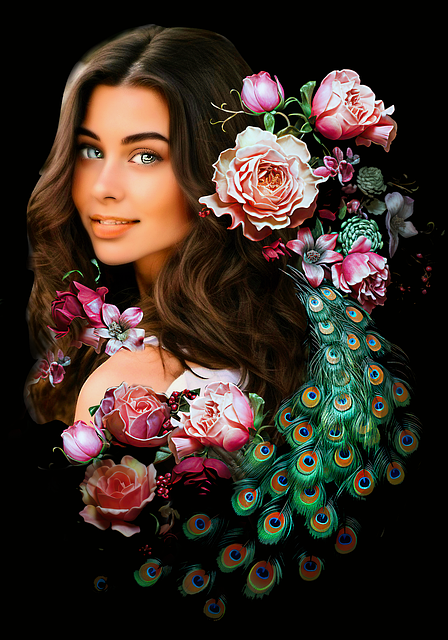 Hermosa, Niña, Y, Flores, Pavo Real
